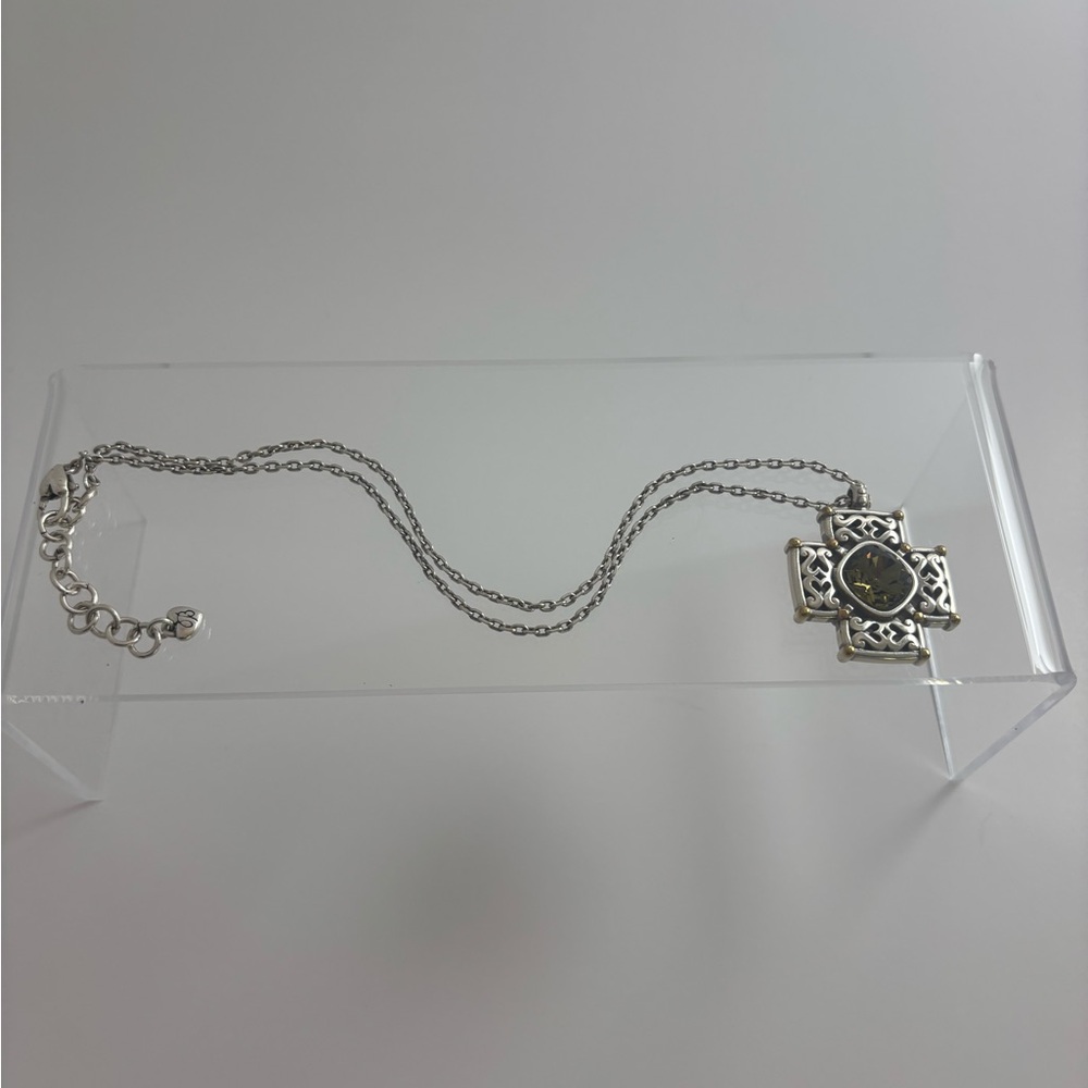 Brighton Deauville Silver and Gold Cross Necklace with Green Gem - Picture 2 of 5